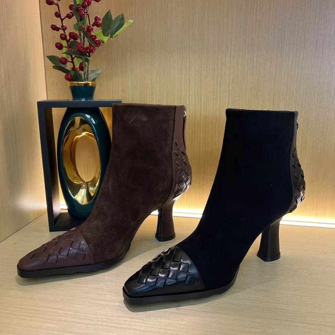 888手工编织拼接爆款小方头高跟秋冬短靴女鞋C6双十二