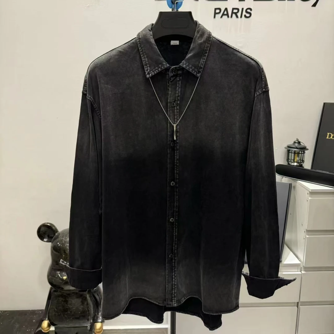 新潮秋季水洗轻奢时尚无袋长袖针织上衣男款渐变色翻领设计修身