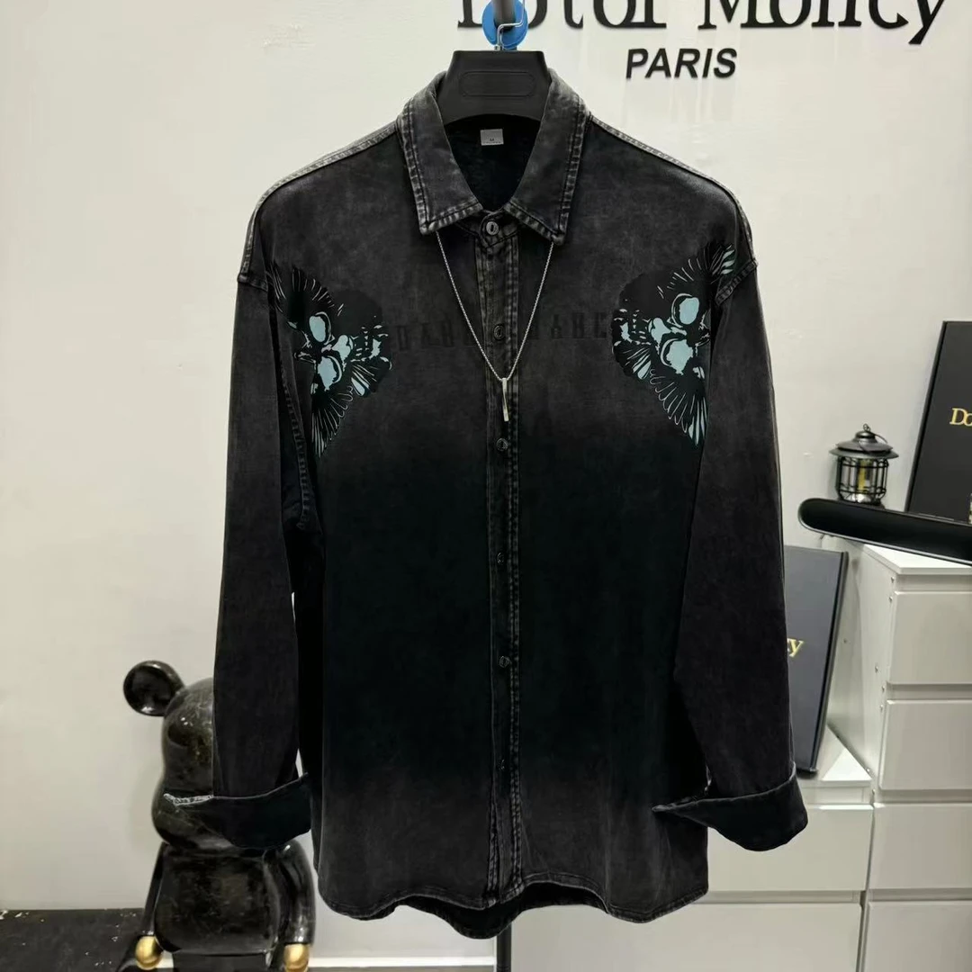 秋季新款衬衫外套印花牛仔长袖时尚宽松潮流领先渐变高级男装立领