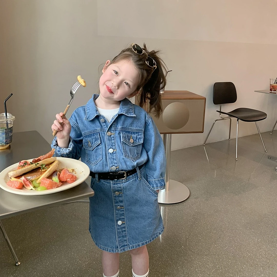 童装2025新款女童洋气休闲连衣裙儿童腰带牛仔裙宝宝春装长袖裙子