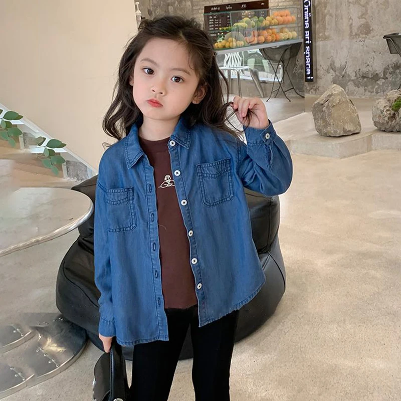 女童天丝牛仔衬衫2024春夏装新款韩版休闲百搭防晒衣儿童薄款外套