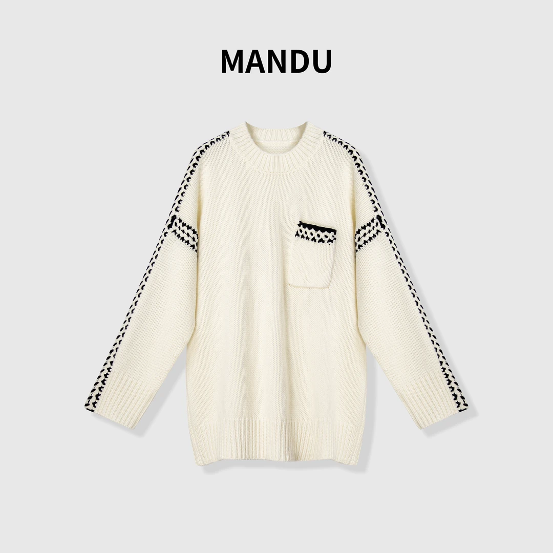 嫚渡100%羊毛纯色针织长袖毛衣法式时尚气质休闲宽松显瘦圆领毛衣