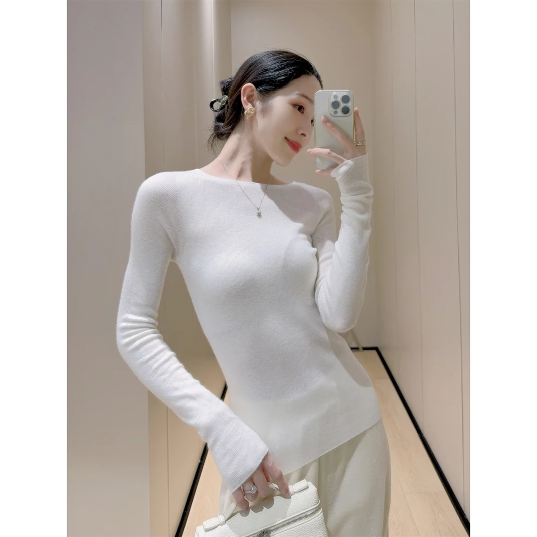 嫚渡桑蚕丝打底秋冬设计师时尚百搭气质简约修身长袖针织圆领上衣