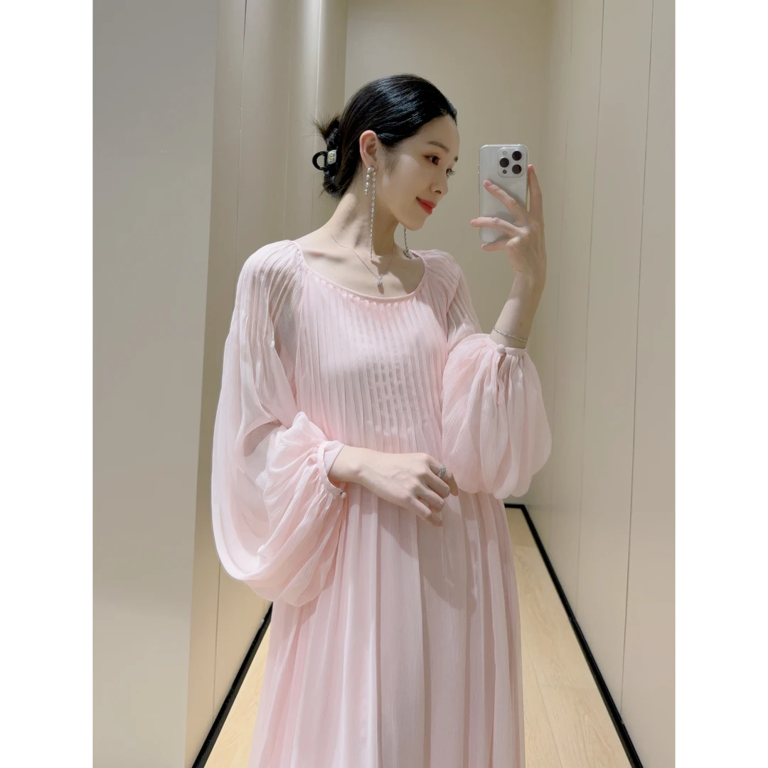 嫚渡桑蚕丝打条纯色连衣裙  夏季法式时尚轻奢纯色长袖女装连衣裙