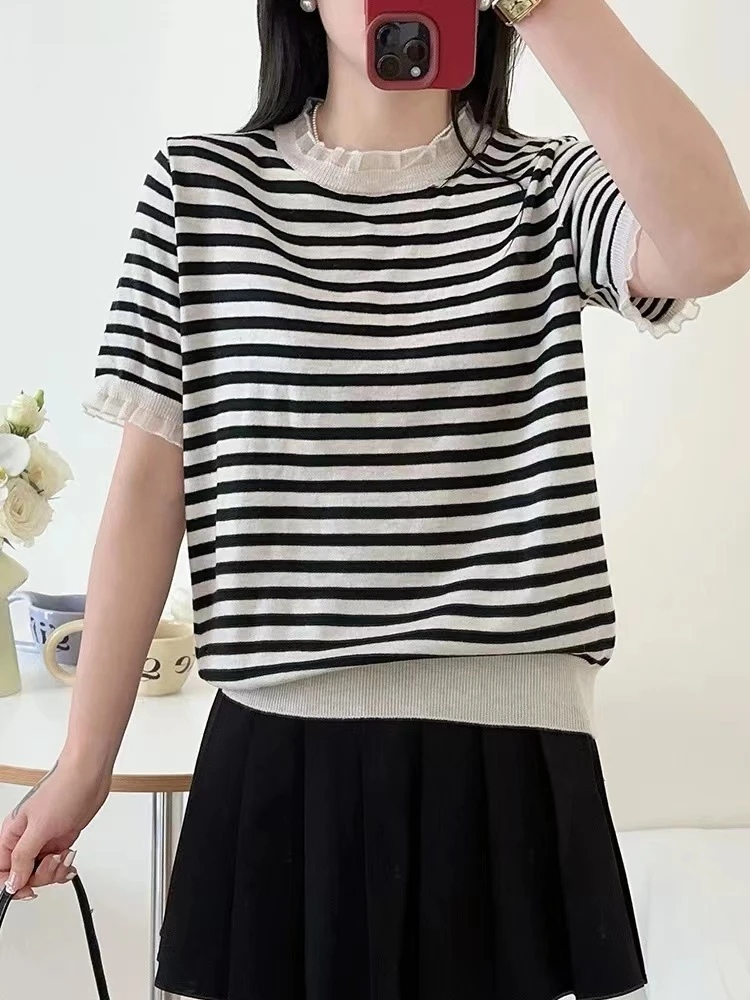 夏季短袖女冰丝针织衫新款薄款条纹宽松蕾丝圆领打底上衣054
