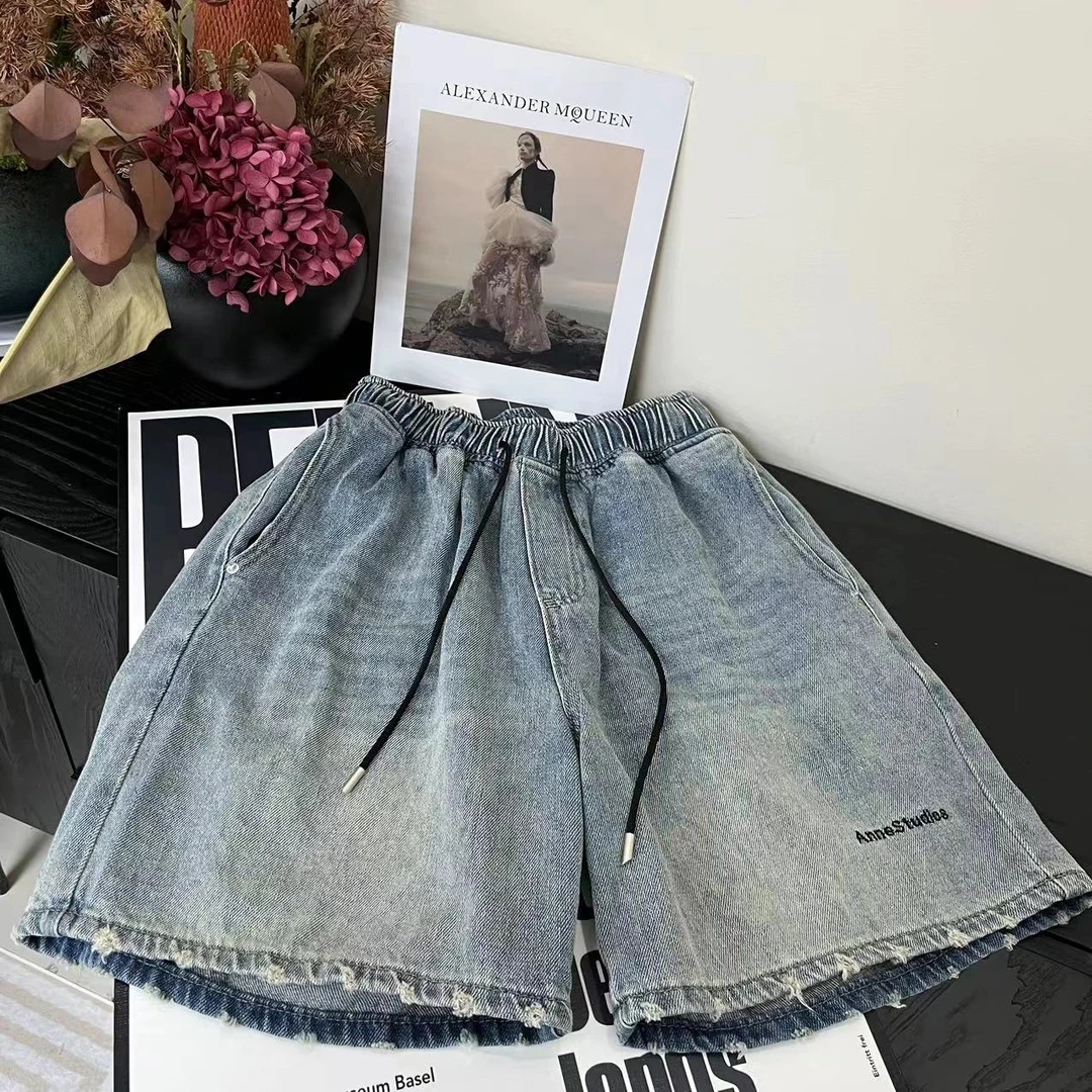 雪儿 X90780欧版松紧腰抽绳设计字母牛仔阔腿中裤