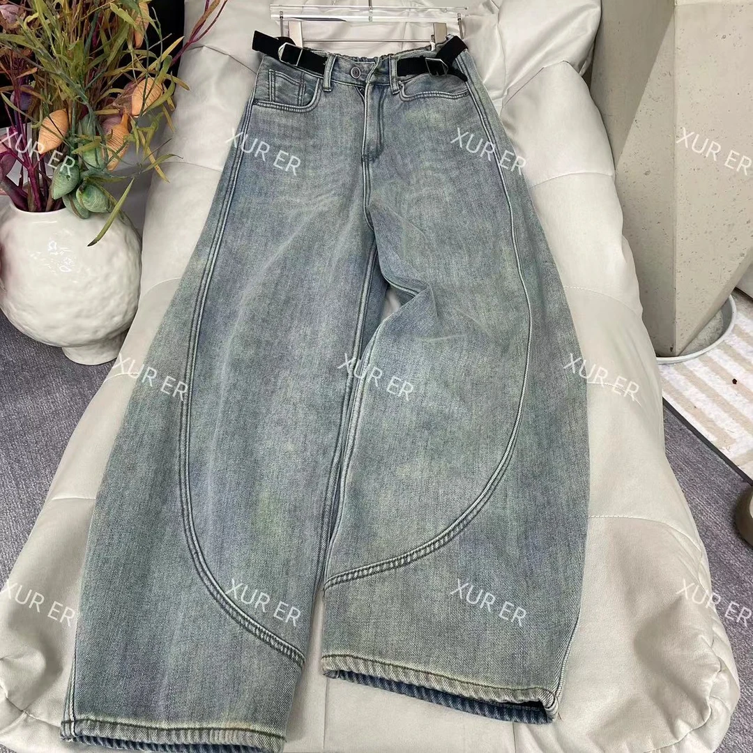 雪儿 X7732欧范设计腰头一条过冬洋气款加绒阔腿裤牛仔长裤弯刀裤