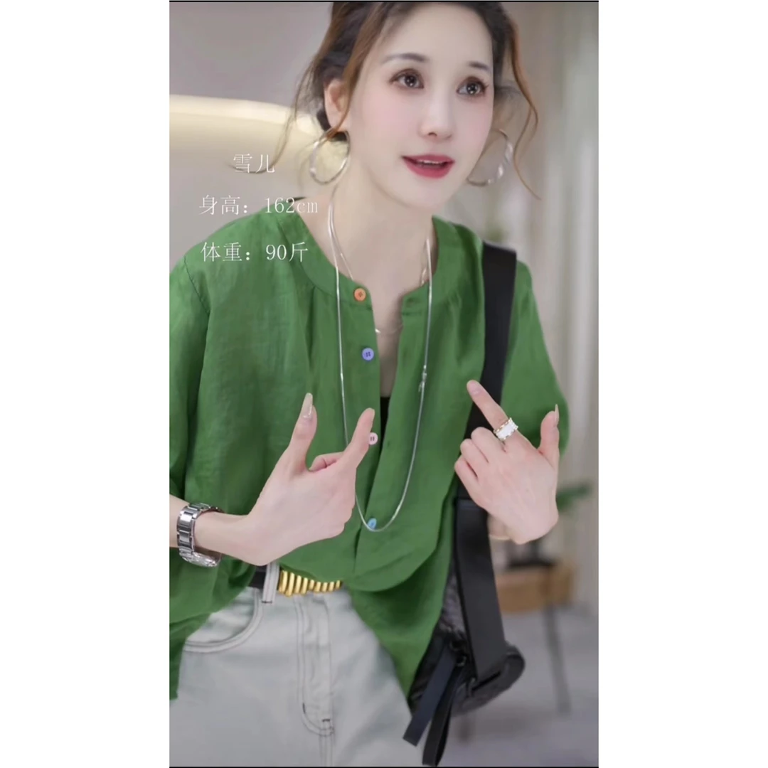 雪儿 X1515设计俩边小开叉彩虹扣苎麻衬衫短袖上衣