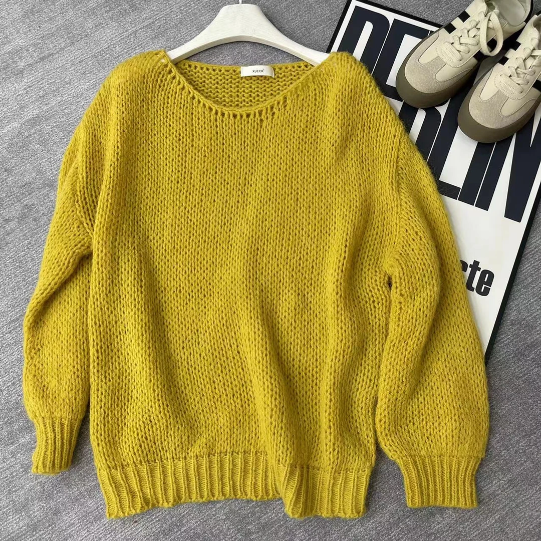 雪儿 X377一字圆领慵懒风纯色套头针织毛衣