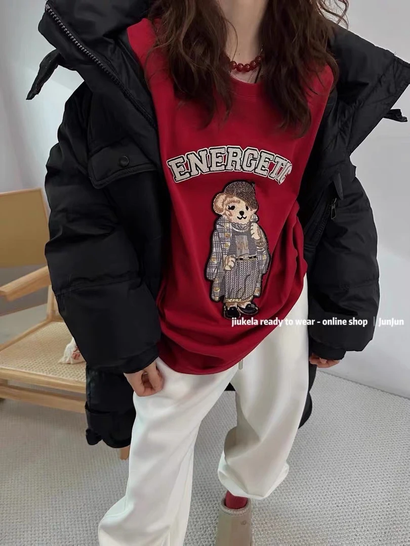 新款E字母毛巾小熊圆领两色T恤992-10