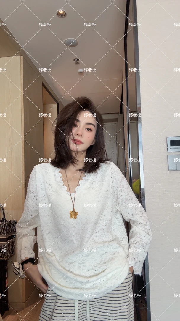 『婷老板』新款、蕾丝边V领长袖T恤9898-34