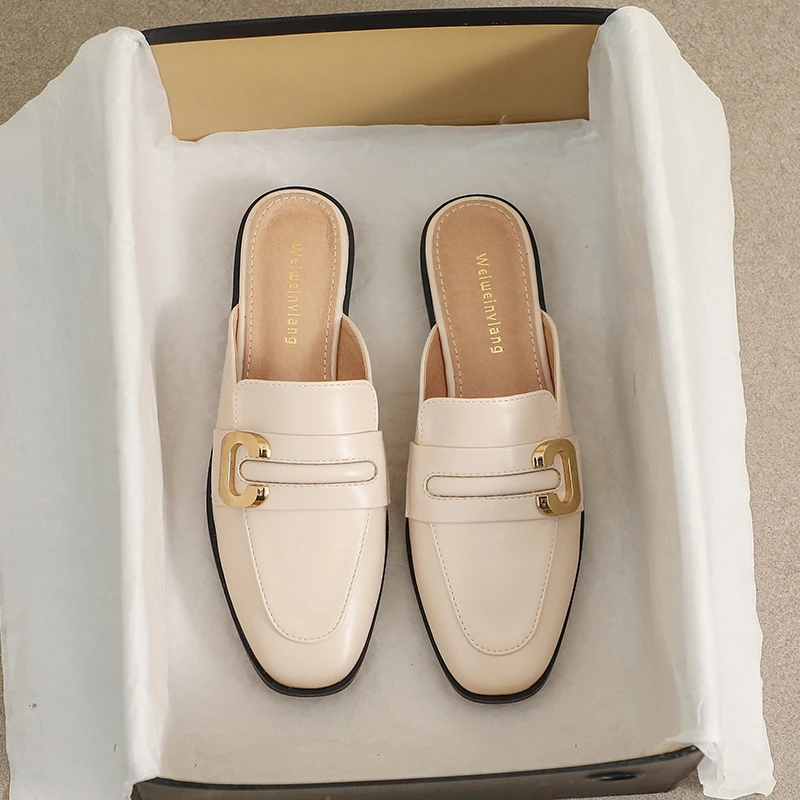 夏季新款包头半拖外穿法式百搭尖头平底拖复古一脚蹬穆勒鞋340-7