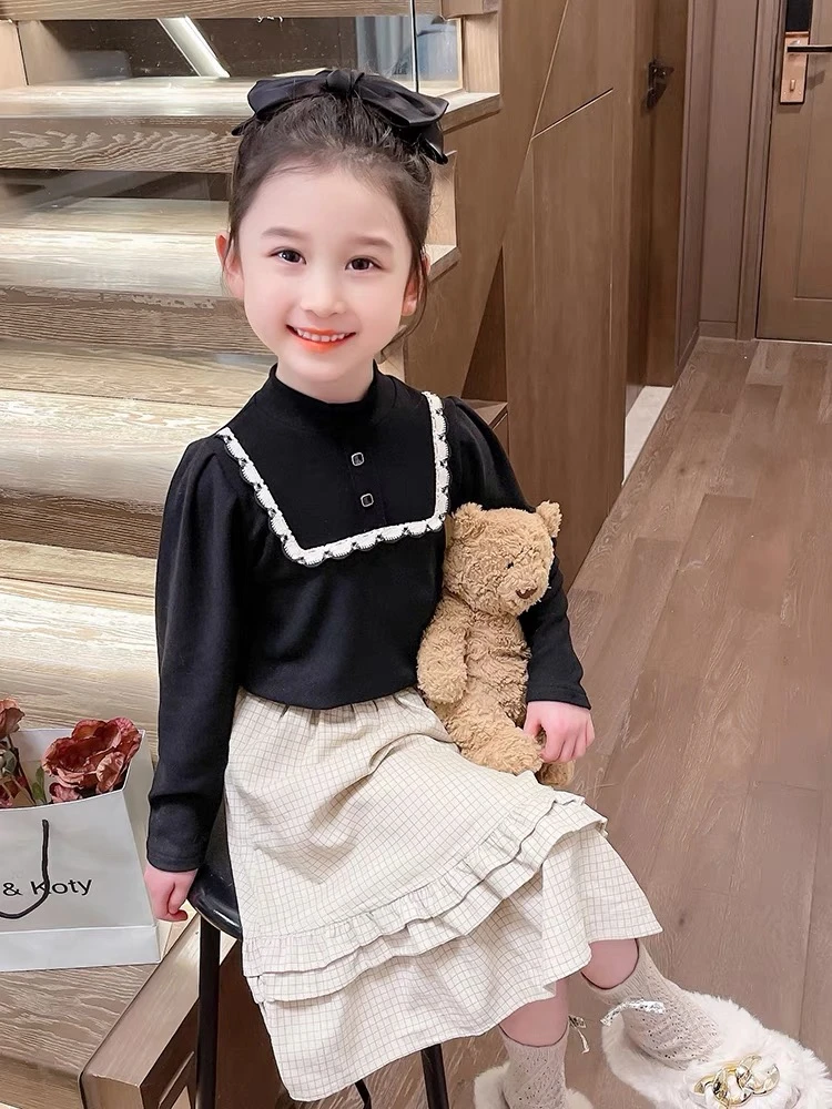 女童小香风打底衫加绒秋冬季2023新款女宝宝洋气半高领一体绒上衣