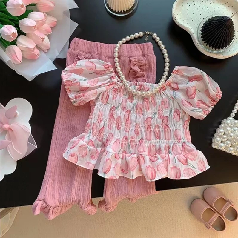 女童碎花套装2023夏季新款儿童时髦短袖碎花喇叭裤两件套女孩套装