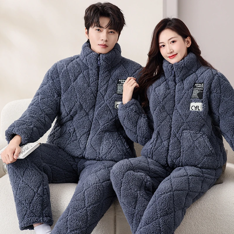 休闲字母雪糕绒冬季男女款睡衣加绒保暖家居服冬款套装大码保暖