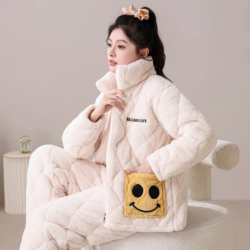 冬季新款女三层夹棉睡衣女拉链加绒加厚保暖家居服