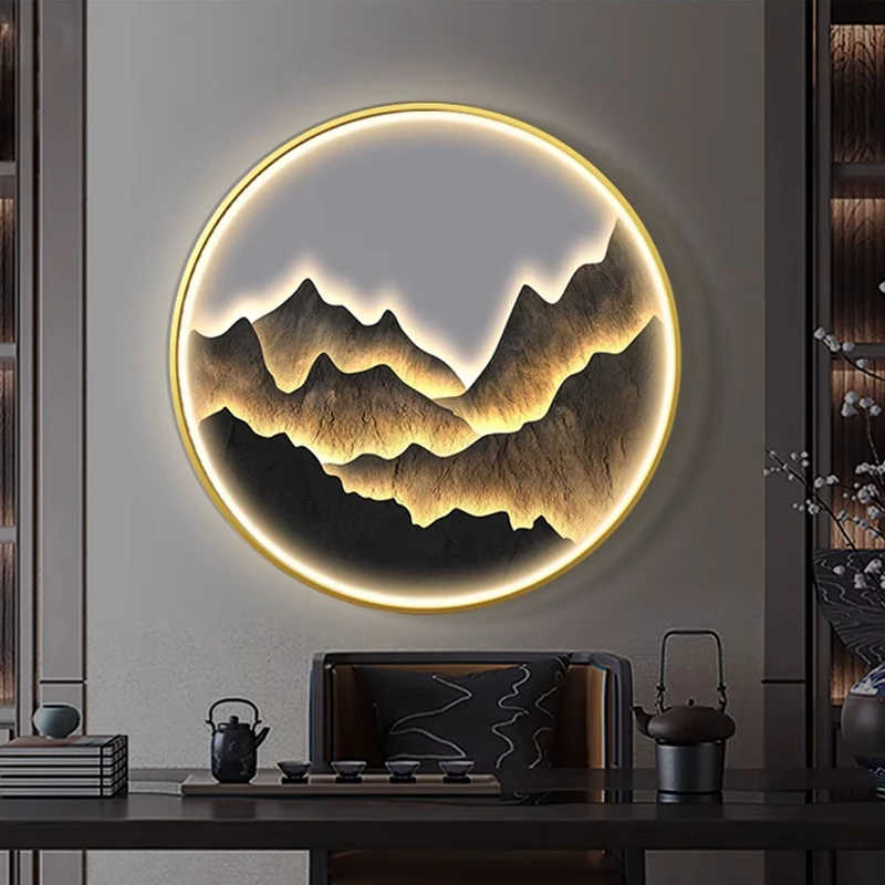 现代轻奢玄关装饰画背有靠山客厅led灯画入户走廊过道挂画圆形画