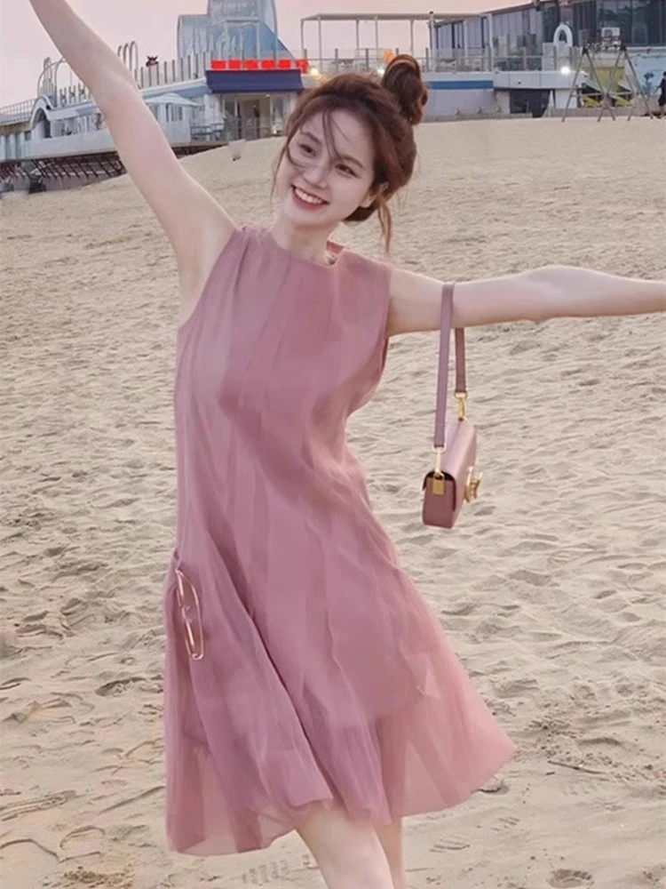 夏日多巴胺粉色雪纺连衣裙女装夏季高级感小香风甜美无袖背心裙子
