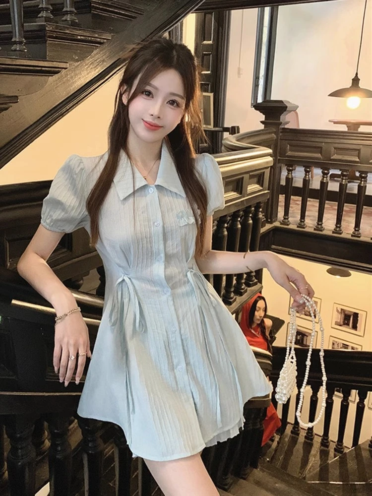 蓝色千金甜美收腰衬衫连衣裙女夏季漂亮减龄A字短裙短裤两件套薄