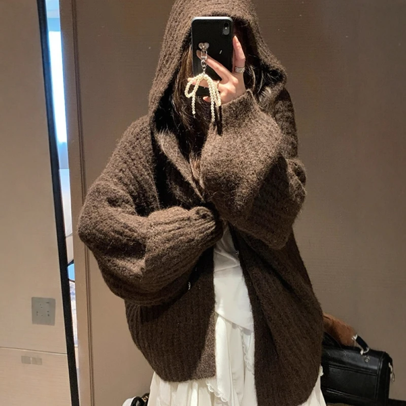 美拉德咖色连帽中长款针织开衫女秋冬慵懒风宽松毛衣外套软糯上衣