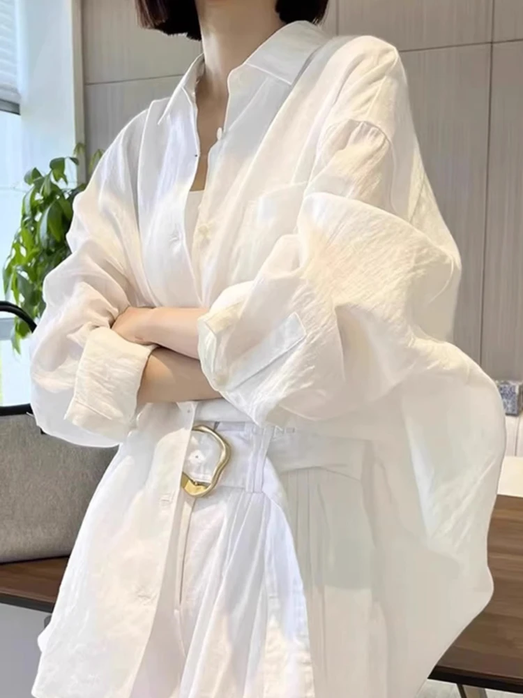 夏季薄款宽松白色长袖防晒衬衫女春秋外搭开衫高级感衬衣韩版上衣