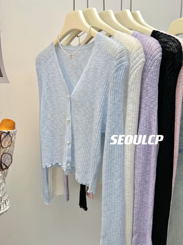 Seoulcp 设计感木耳边外搭针织衫女春季新款韩版短款防晒开衫上衣