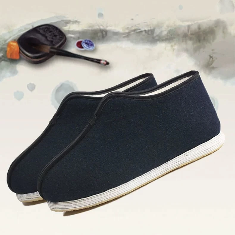 秋冬季蓝呢加绒棉鞋男士老北京布鞋千层底保暖透气防滑中老年布鞋