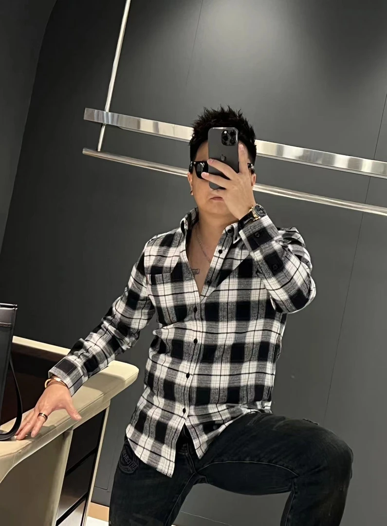 2024秋季新款男士欧货潮流休闲时尚百搭个性格纹修身长袖衬衫