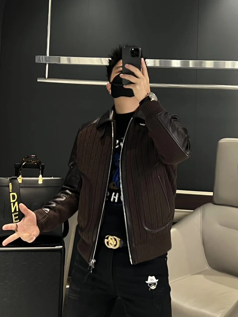 【马哥严选】冬季针织拼皮翻领鹅绒服男士潮流百搭休闲加厚时尚外套