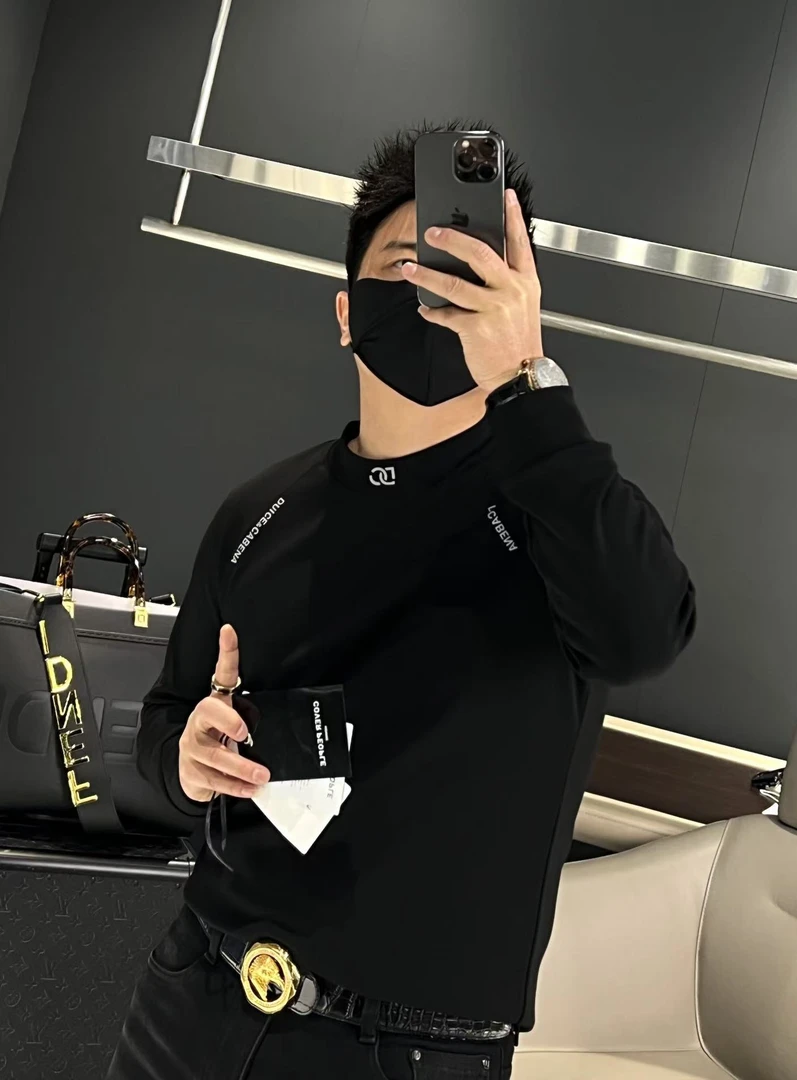 【马哥严选】秋冬潮流黑色字母圆领打底衫男士时尚加绒保暖长袖T恤