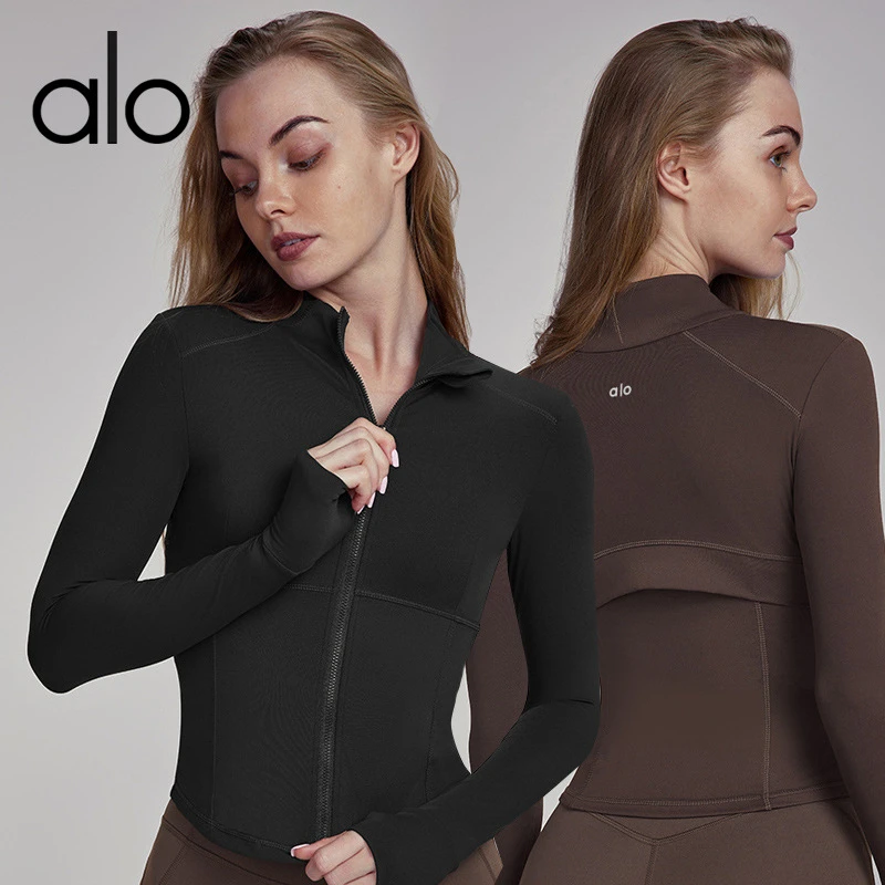 alo 欧美运动外套女立领拉链修身瑜伽服长袖镂空网纱透气 健身服