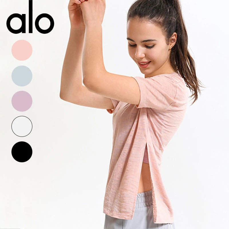 alo yoga正品 新款瑜伽女运动短袖速干t恤镂空透气美背紧身衣显瘦