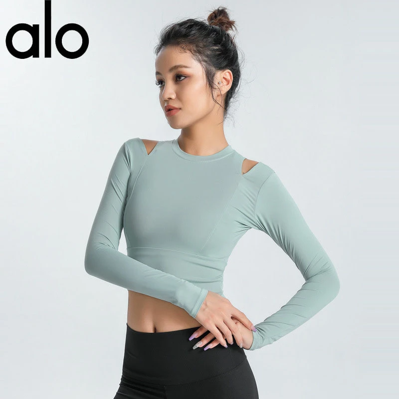 alo正品秋冬裸感瑜伽服欧美圆领修身短款露脐T恤运动上衣长袖女