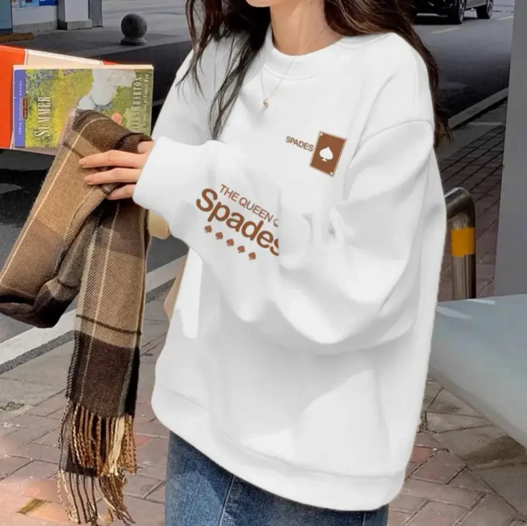 【重磅高品】新款秋冬华棉圆领套头卫衣女宽松百搭潮长袖外套-扑克A