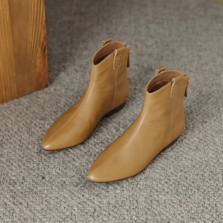 里外纯皮～牛皮2cm尖头复古百搭短靴显瘦女软底马丁靴秋冬粗跟短筒