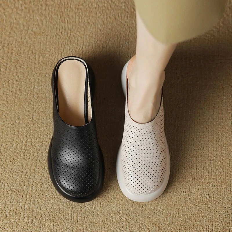 6.5cm厚底小个子透气包头拖鞋女夏真皮复古时尚休闲百搭真皮女鞋