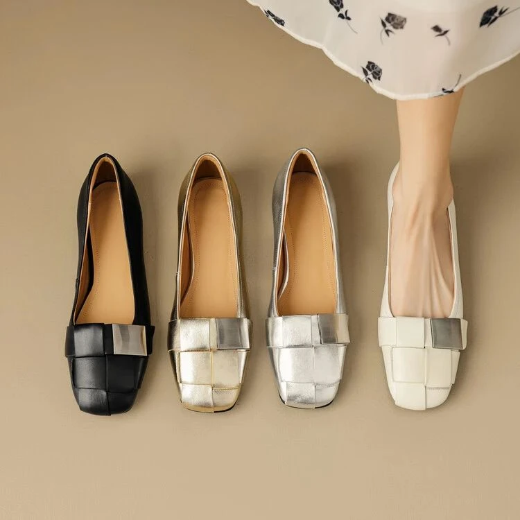 牛皮平底2厘米方头编织单鞋女真皮小香风玛丽珍女鞋通勤时尚百搭