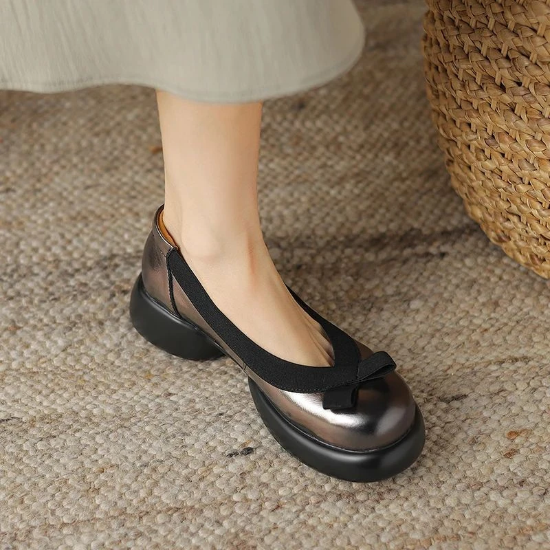 4cm厚底中跟法式优雅蝴蝶结真皮百搭圆头浅口玛丽珍鞋春秋小皮鞋