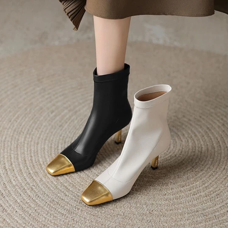 7.3cm牛皮/新款高跟气质细跟瘦瘦靴短筒气质百搭性感拼色法式弹力