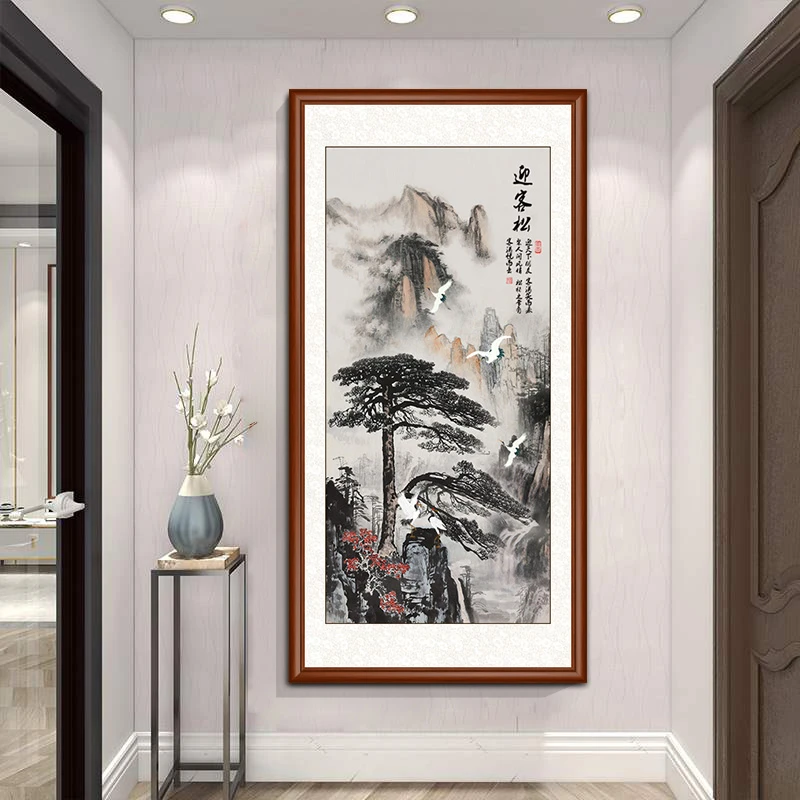 【迎客松】竖版山水画玄关装饰画新中式过道实木挂画