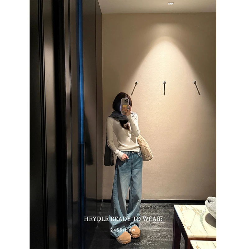 黑豆哼哼 丹宁印象*浅蓝色阔腿牛仔裤女秋冬季宽松百搭直筒裤长裤