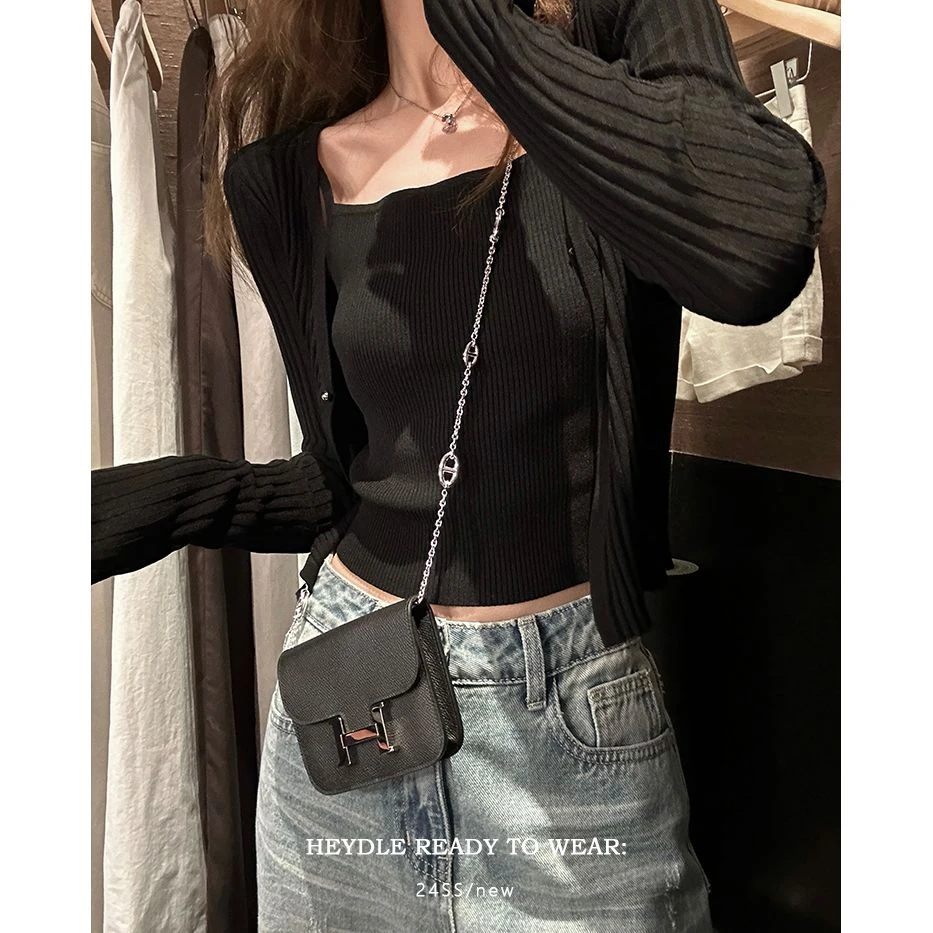 黑豆哼哼 初夏甜奏曲*夏季新款薄款防晒针织开衫吊带上衣两件套装