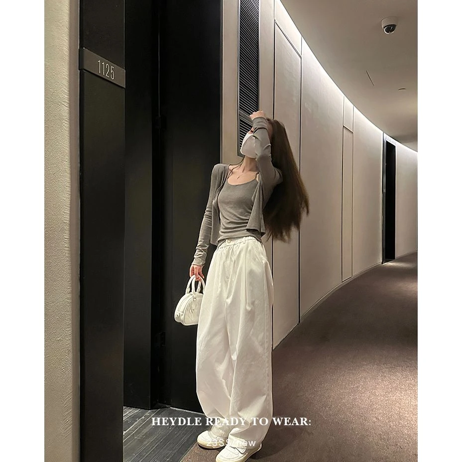 黑豆哼哼 无拘自我*清爽white系春季高腰宽松白色休闲阔腿裤子女