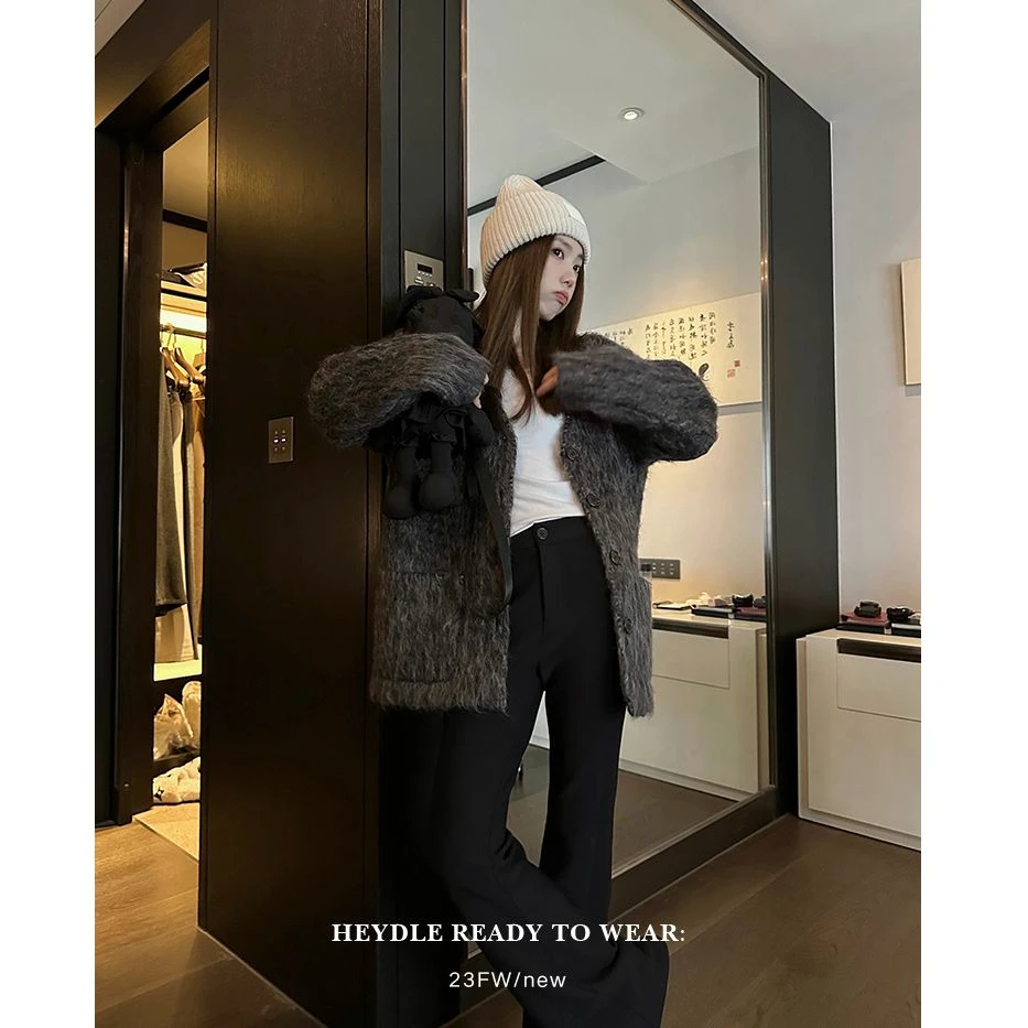 黑豆哼哼 今日份慵懒*秋冬季长毛设计高级感开衫女V领羊毛衣外套