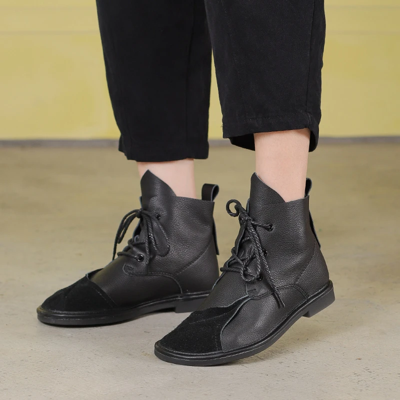 手工复古真皮女靴子2024新款民族风软底软面短筒马丁靴22D828-5