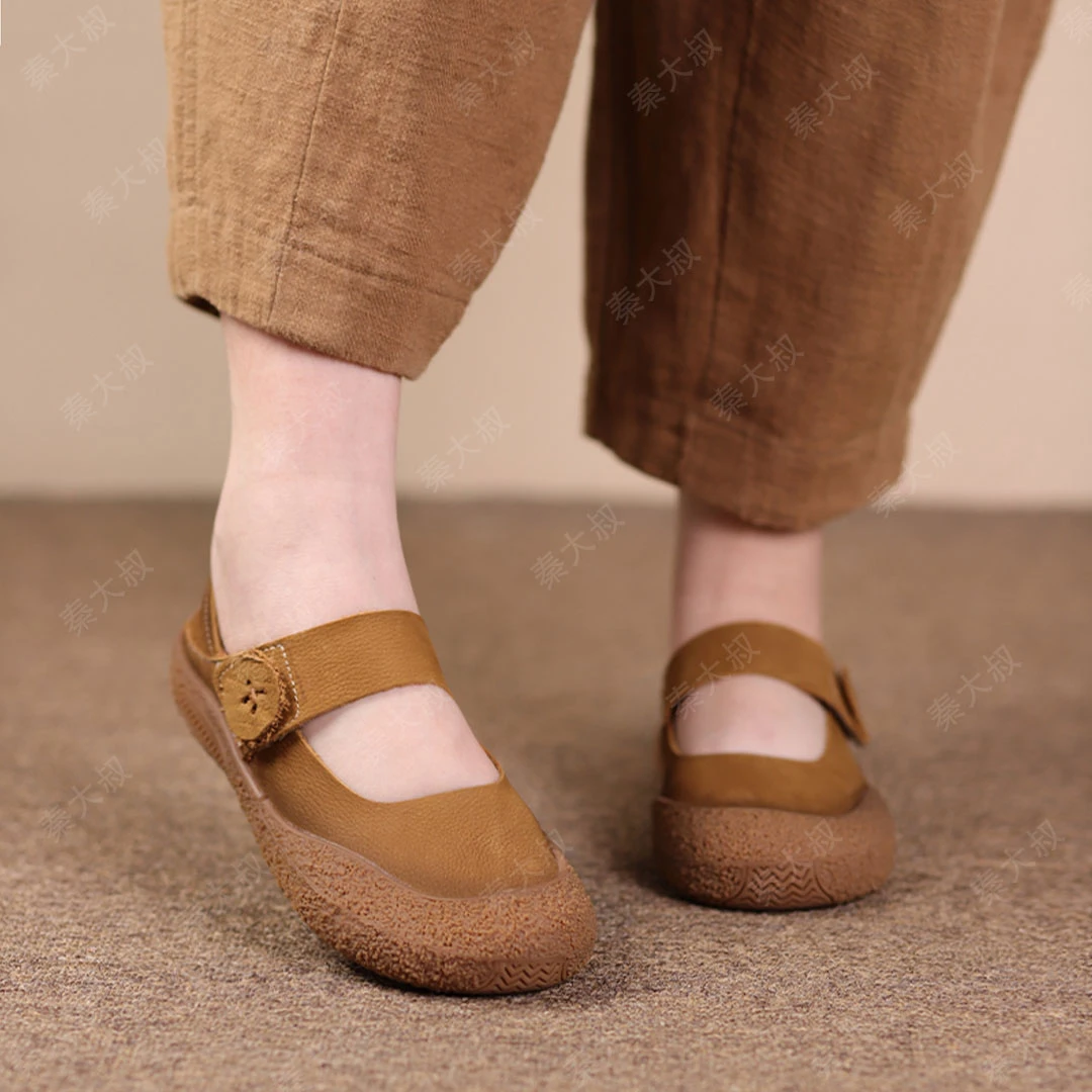 【秦大叔推荐】牛皮单鞋软底复古妈妈鞋防滑真皮一脚蹬24CZYA22-58