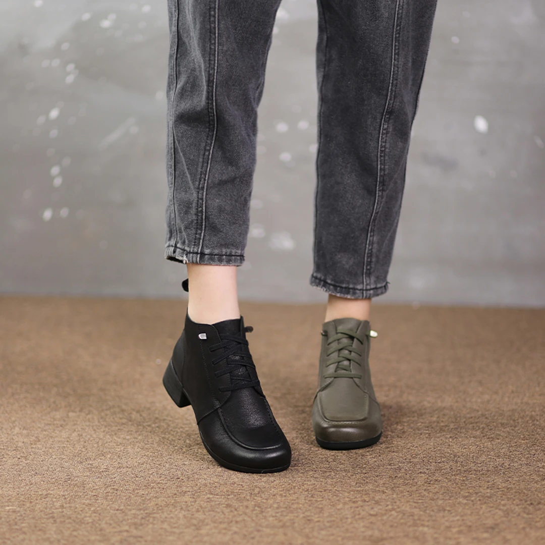 【秦大叔推荐】软皮软底松紧带复古百搭圆头中跟女短靴23QLQA26-9