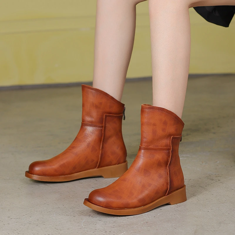 真皮女靴英伦风百搭中筒靴牛皮低跟拉链秋冬保暖马丁靴22D9986-20