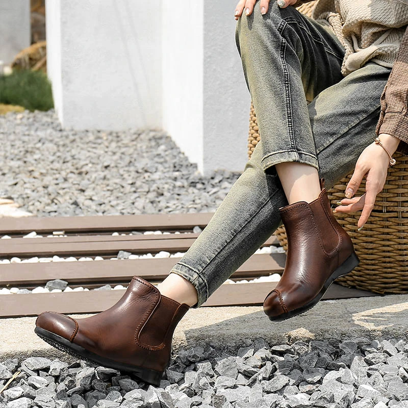 【双11破价款】复古牛皮手工女鞋百搭休闲秋冬新款保暖女短靴