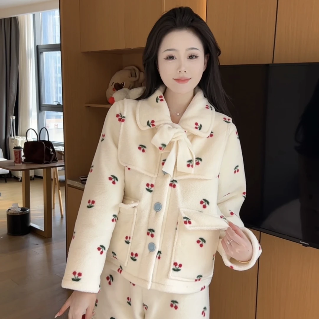 （樱桃蛋糕）冬季休闲保暖加厚可爱樱桃毛绒睡衣女长袖长裤可外穿